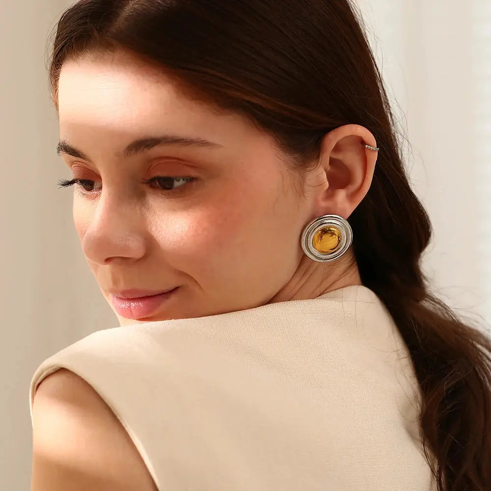 E.B.belle Round Shield Pattern Stud Earring Fashion Stainless Steel Stud Earring Jewelry Waterproof For Women Girls Dating Gift Olyssia