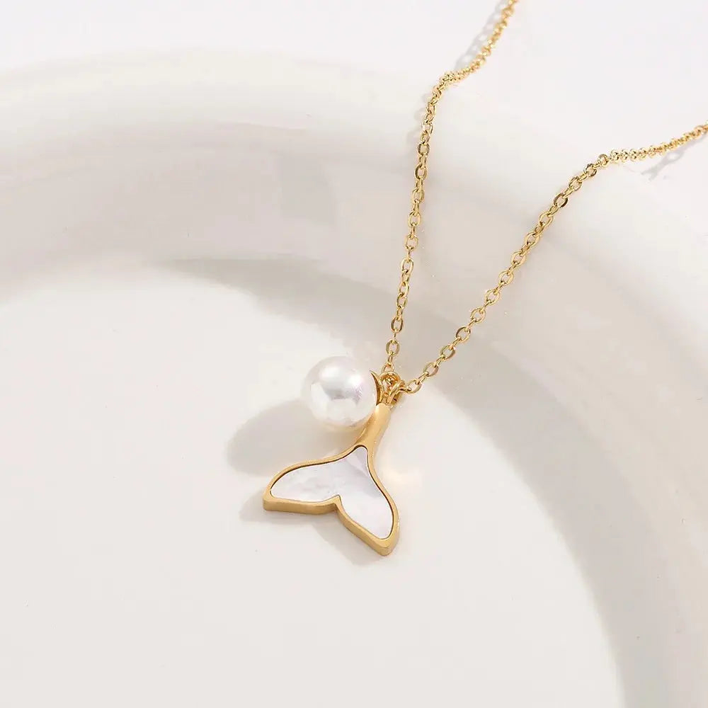Personality Fashion Mermaid Tail Pearl Pendant Necklace for Women Cute Sweet Stainless Steel Chokers Jewelry Accessory Colorfast Olyssia