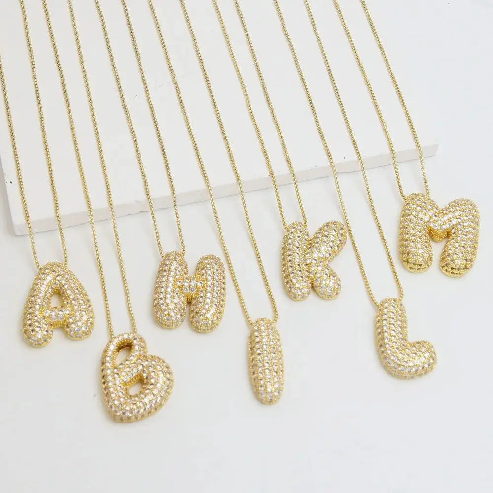 18K Gold Plated Hiphop Rock Chunky A-Z 26 Letters Necklace Bubble Balloon Initial Collar Chains Alphabet Choker Shiny CZ Jewelry Olyssia