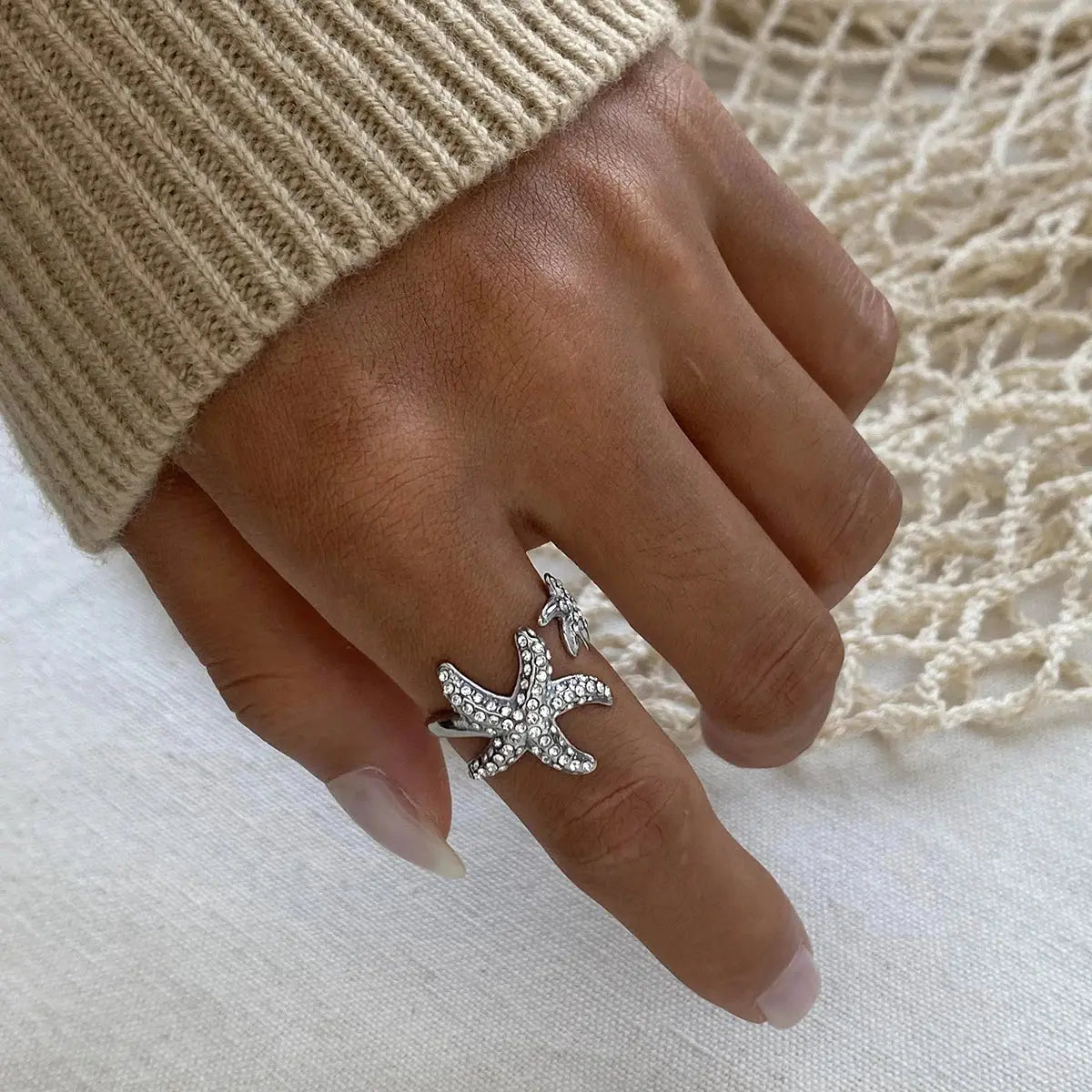 18K PVD Gold Plated Minimalist Rust Proof White Zirconia Starfish Ocean Opening Ring Anti Allergic Women Waterproof Jewelry Olyssia