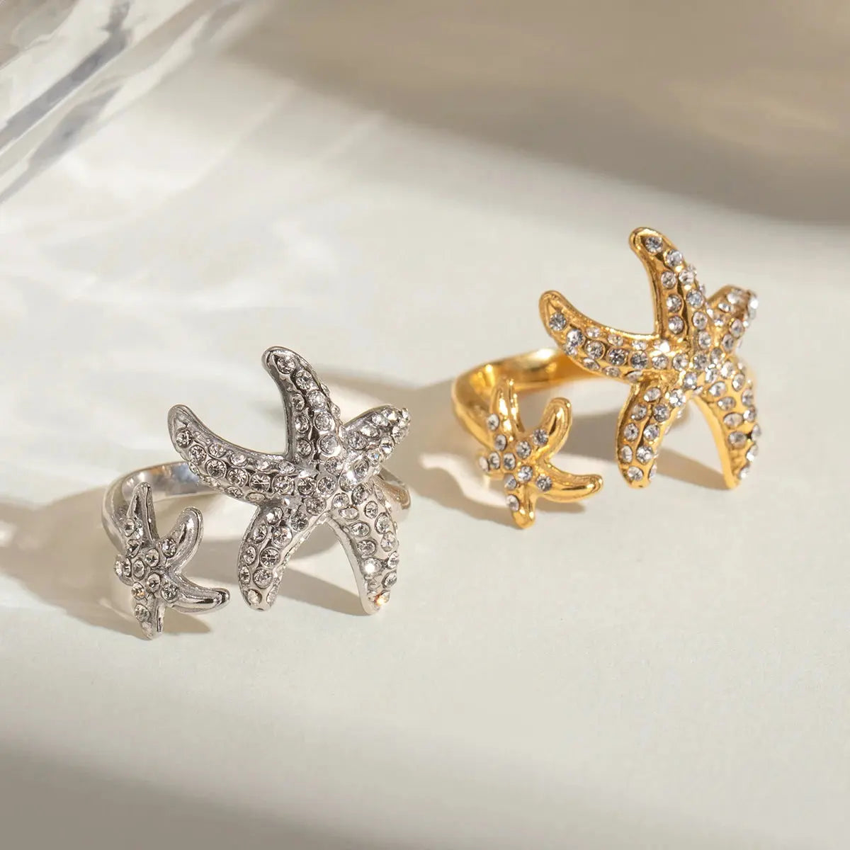 18K PVD Gold Plated Minimalist Rust Proof White Zirconia Starfish Ocean Opening Ring Anti Allergic Women Waterproof Jewelry Olyssia