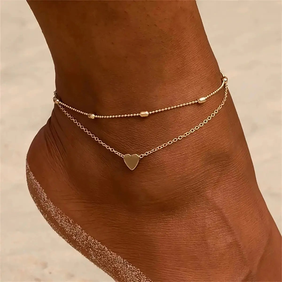 18k Gold Plated Exquisite Classic Rust Proof Love Heart Pendant Oval Bead Chain Double Anklet Summer Anti Allergic Jewelry Olyssia