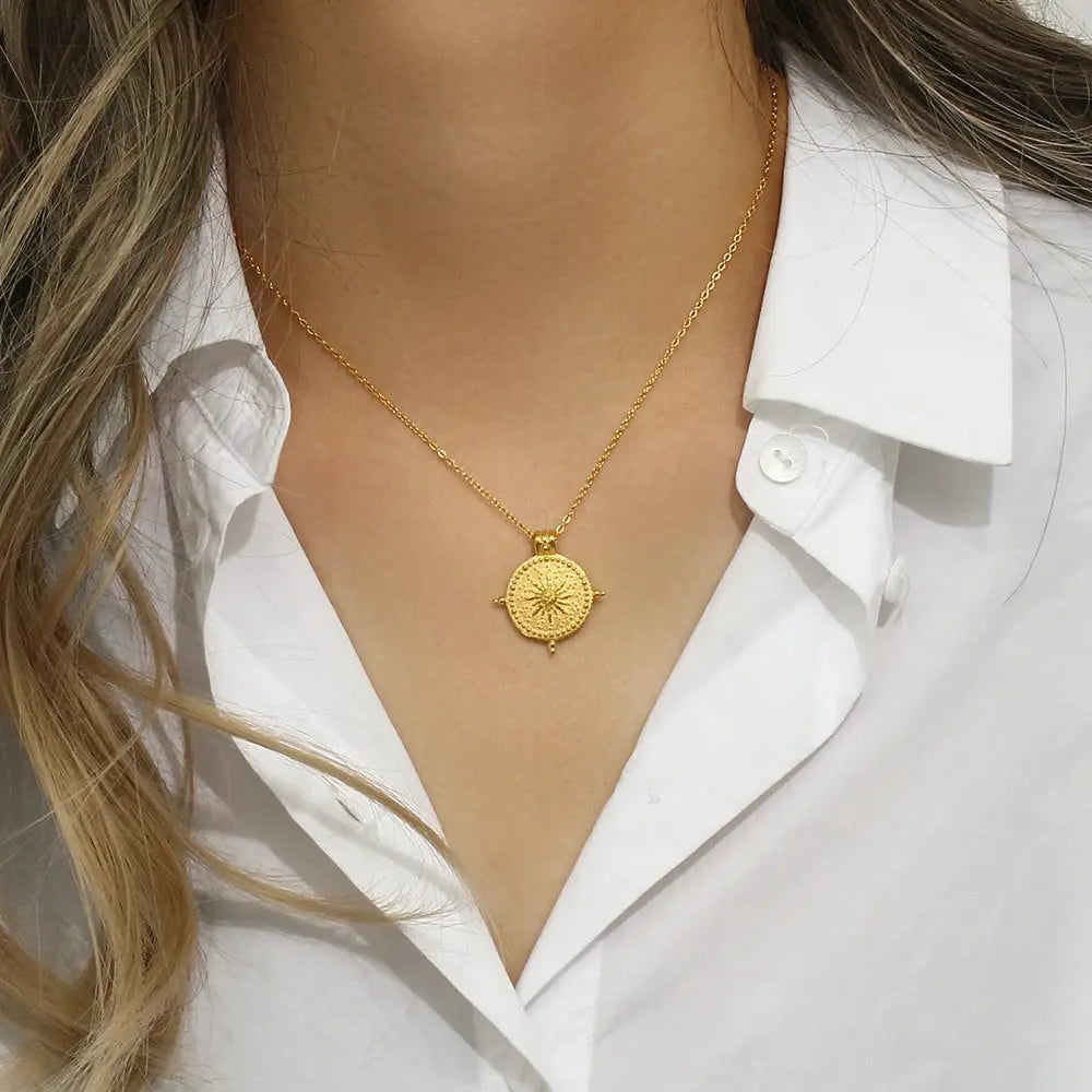 2022 New Frosted Surface Acient Sun Compass Pendant Necklace For Woman Ladies New Stee PVD Plated Coin Necklace Gold Jewelry Olyssia