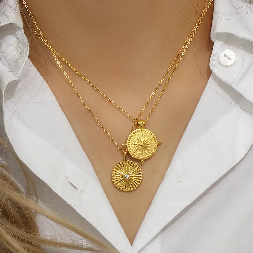 2022 New Frosted Surface Acient Sun Compass Pendant Necklace For Woman Ladies New Stee PVD Plated Coin Necklace Gold Jewelry Olyssia