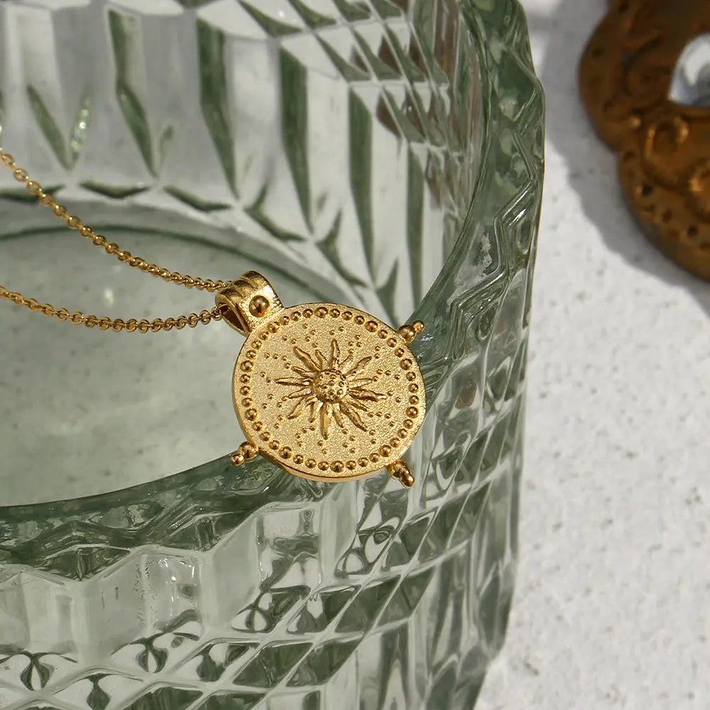 2022 New Frosted Surface Acient Sun Compass Pendant Necklace For Woman Ladies New Stee PVD Plated Coin Necklace Gold Jewelry Olyssia