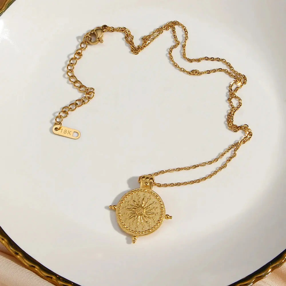 2022 New Frosted Surface Acient Sun Compass Pendant Necklace For Woman Ladies New Stee PVD Plated Coin Necklace Gold Jewelry Olyssia