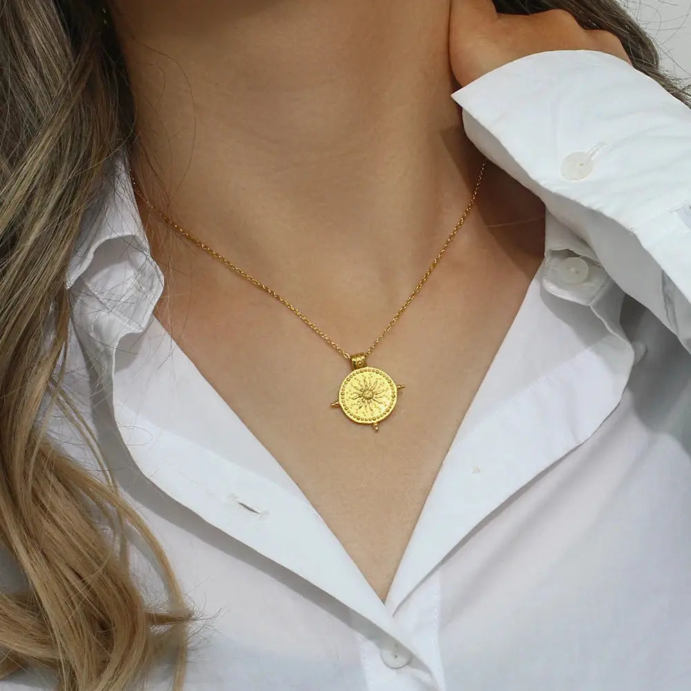 2022 New Frosted Surface Acient Sun Compass Pendant Necklace For Woman Ladies New Stee PVD Plated Coin Necklace Gold Jewelry Olyssia