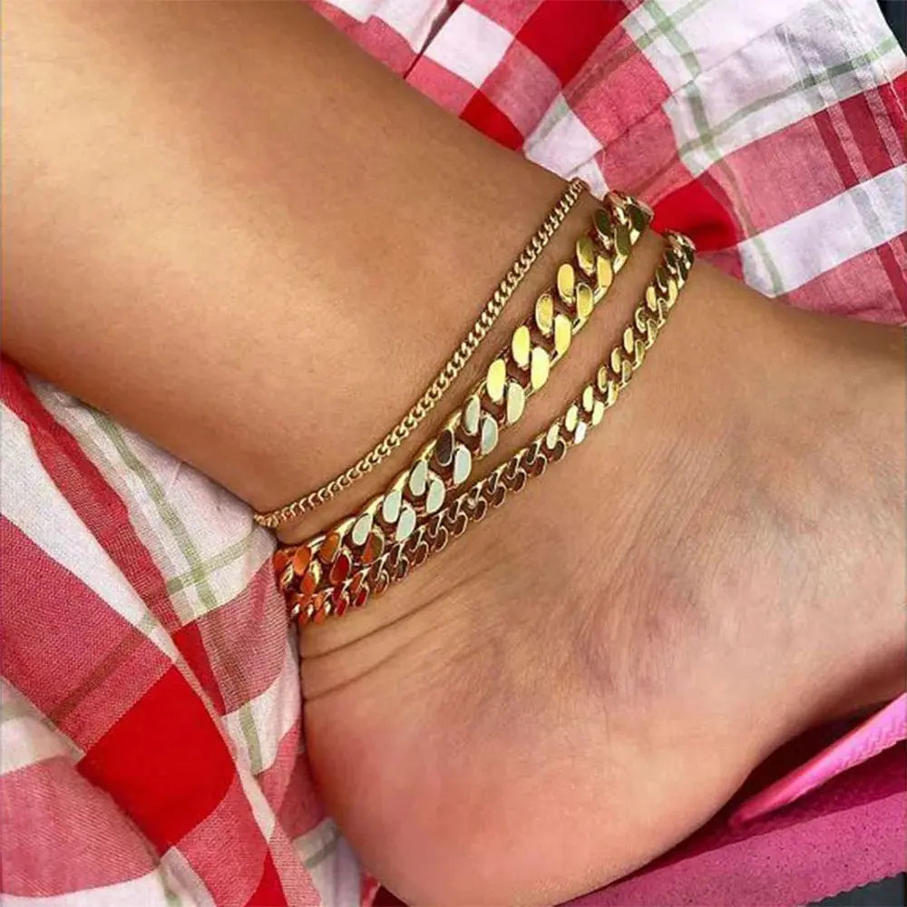 2022 Trendy Miami Cuban Chain Anklets 18K Gold Plated Punk Different Width Waterproof Anklets for Women Jewelry Accessories Olyssia