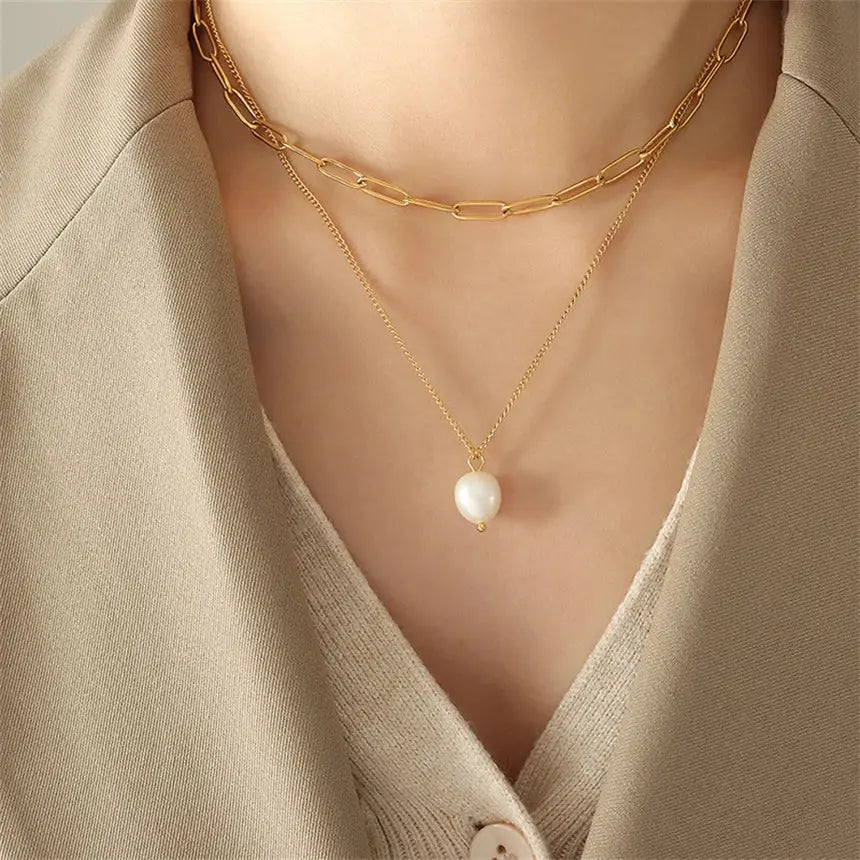 316L Stainless Steel Simplicity Retro 2 Layer Pearl Pendant Clavicle Chain Ladies Necklace Fashion Jewelry SAN1715 Olyssia