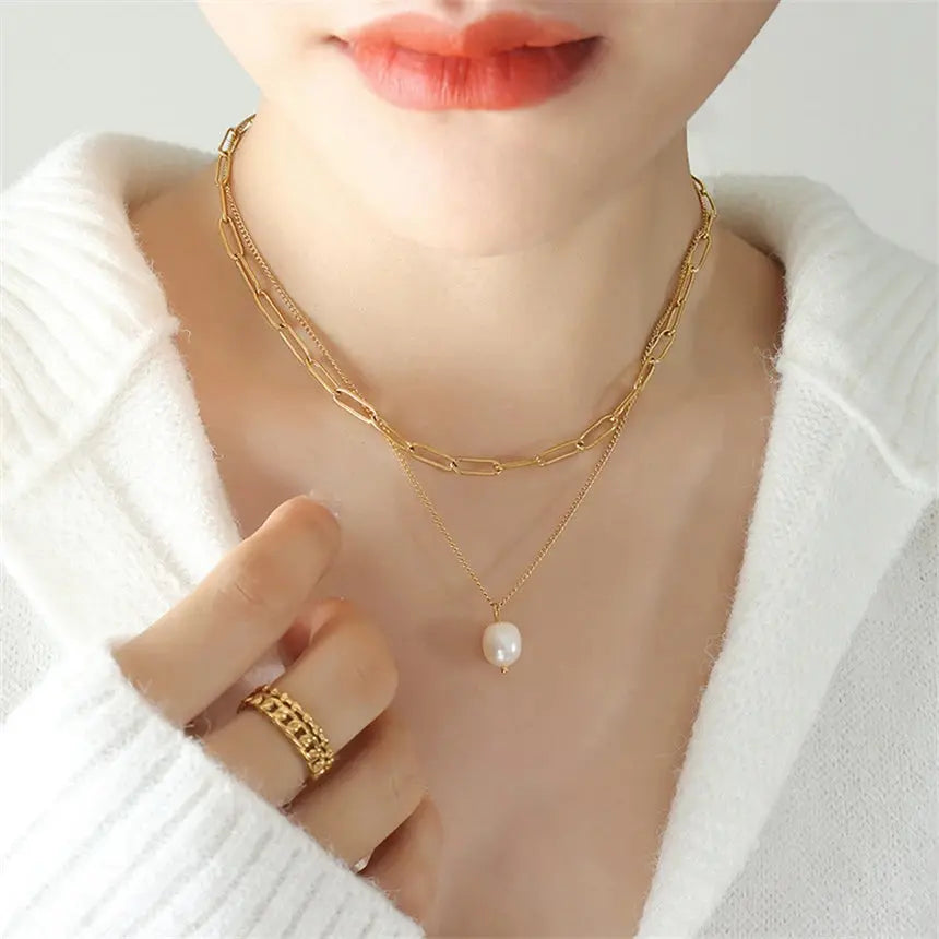 316L Stainless Steel Simplicity Retro 2 Layer Pearl Pendant Clavicle Chain Ladies Necklace Fashion Jewelry SAN1715 Olyssia