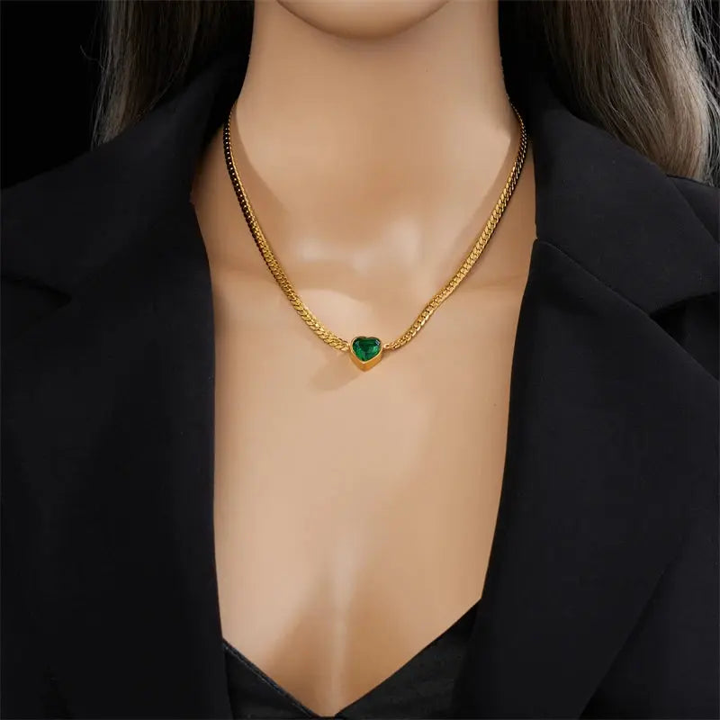 DIEYURO 316L Stainless Steel Heart White Green Crystal Pendant Necklace For Women New Trend Girls Clavicle Chain Jewelry Gifts Olyssia