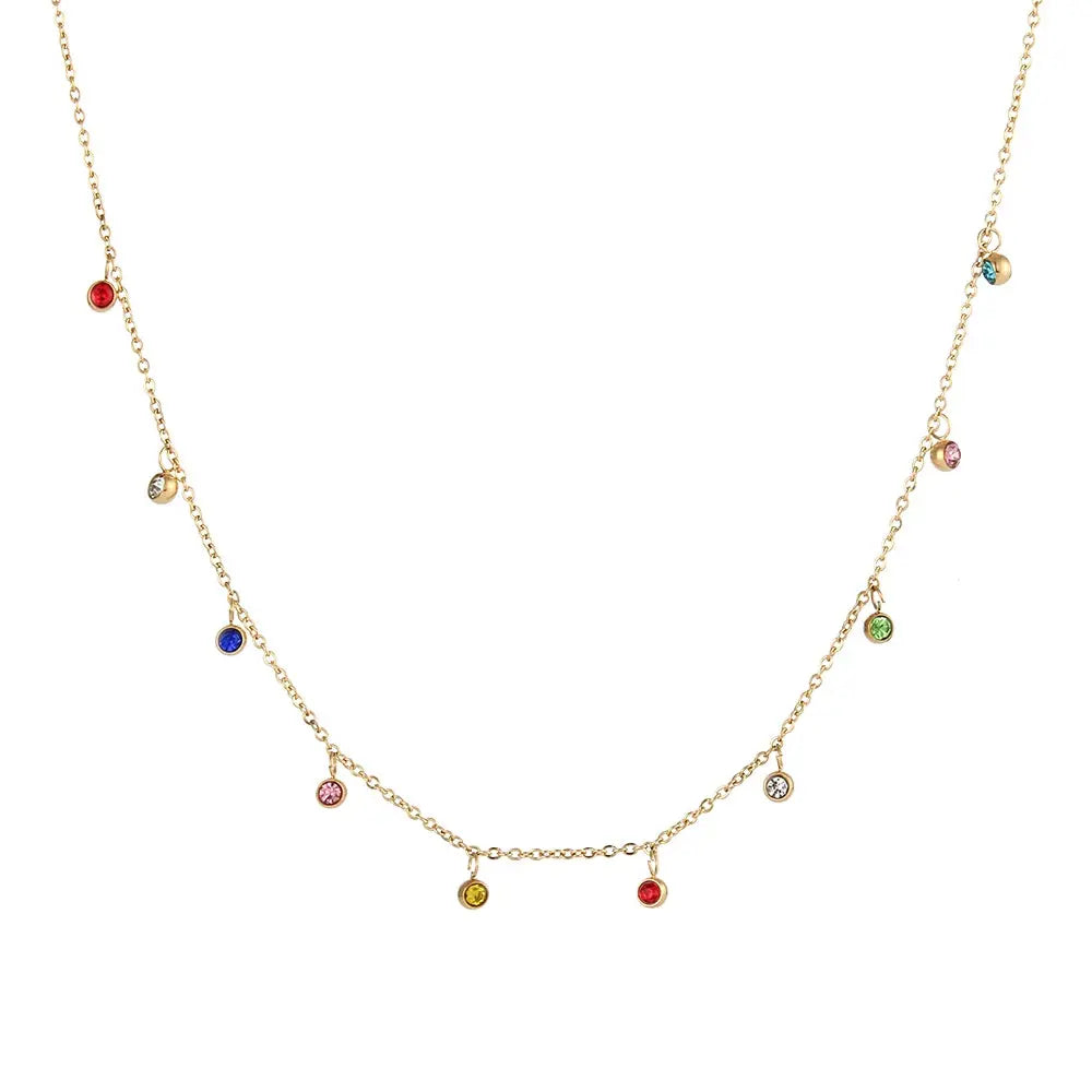 E.B.belle Delicate 18K Gold Plated Stainless Steel Small Drop Charm Necklace Clear Colorful AAA CZ  Pendant Layer Necklace Olyssia