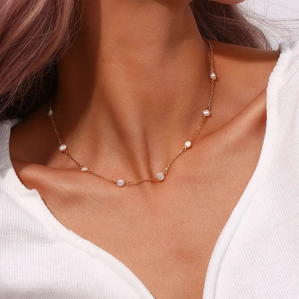 E.B.belle Elegant Freshwater Pearl Thin Chain Clavicle necklace one piece trendy women's stainless steel jewelry Decoration Olyssia