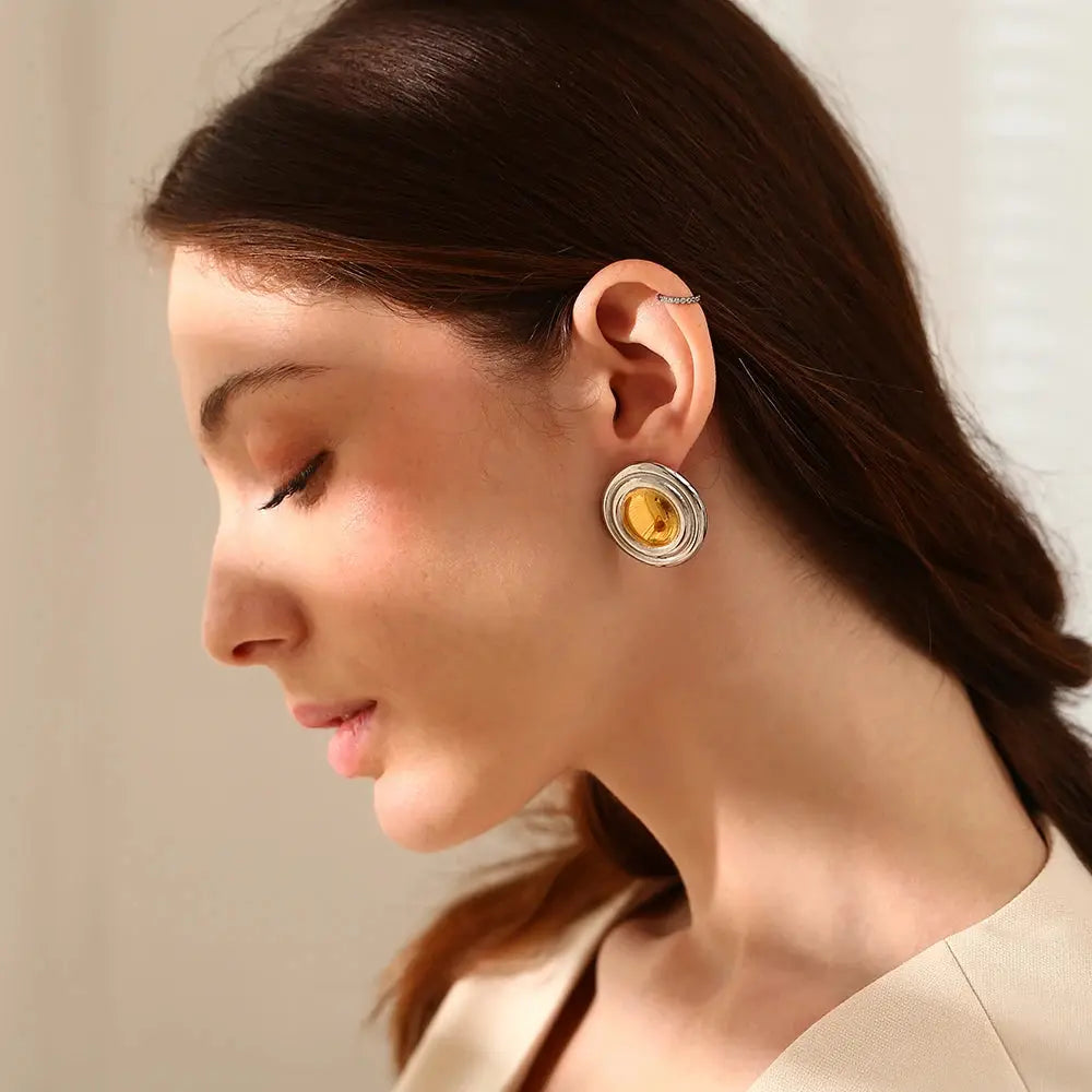 E.B.belle Round Shield Pattern Stud Earring Fashion Stainless Steel Stud Earring Jewelry Waterproof For Women Girls Dating Gift Olyssia