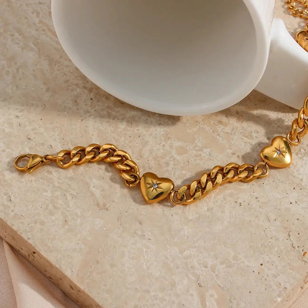 Fine Polished Stainless Steel 18k Gold Plated Zircon Paved Ocean Heart Cuban Chain Bracelets Bangles For Women Gold Bracelet Olyssia