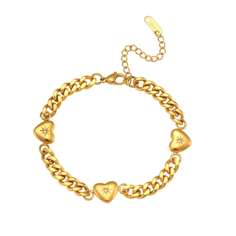 Fine Polished Stainless Steel 18k Gold Plated Zircon Paved Ocean Heart Cuban Chain Bracelets Bangles For Women Gold Bracelet Olyssia