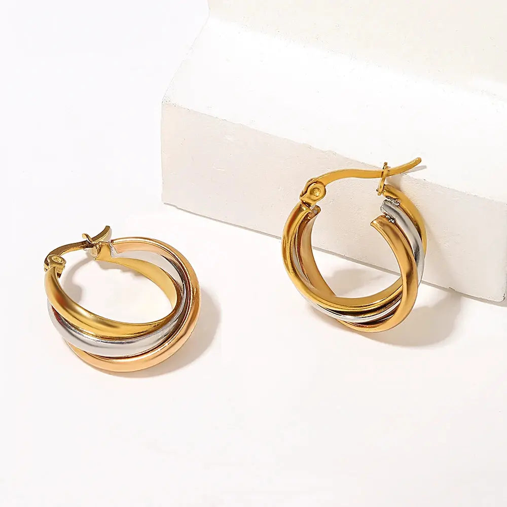 Greatera Trendy Stainless Steel Twisted Tricolor Hoop Earrings for Women Layered Round Circle Metal Earrings Waterproof Jewelry Olyssia