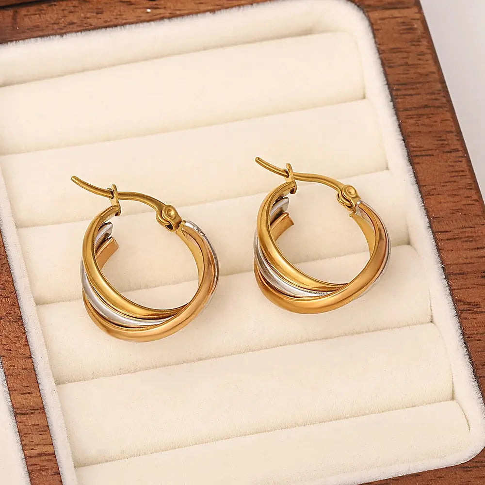 Greatera Trendy Stainless Steel Twisted Tricolor Hoop Earrings for Women Layered Round Circle Metal Earrings Waterproof Jewelry Olyssia