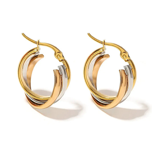 Greatera Trendy Stainless Steel Twisted Tricolor Hoop Earrings for Women Layered Round Circle Metal Earrings Waterproof Jewelry Olyssia