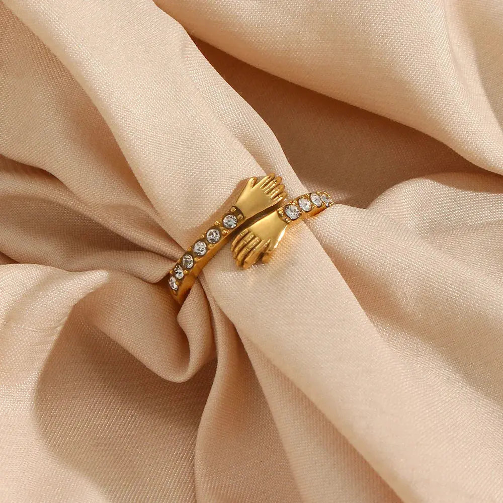 Hands Hug Stainless Steel Zircon Opening Ring Tarnish Free Texture Exquisite Delicate Finger Charm Fashion Gold Color Jewelry Olyssia