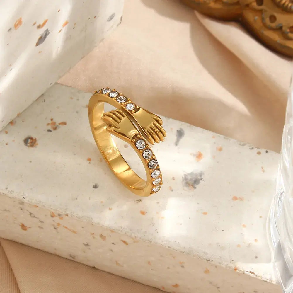 Hands Hug Stainless Steel Zircon Opening Ring Tarnish Free Texture Exquisite Delicate Finger Charm Fashion Gold Color Jewelry Olyssia