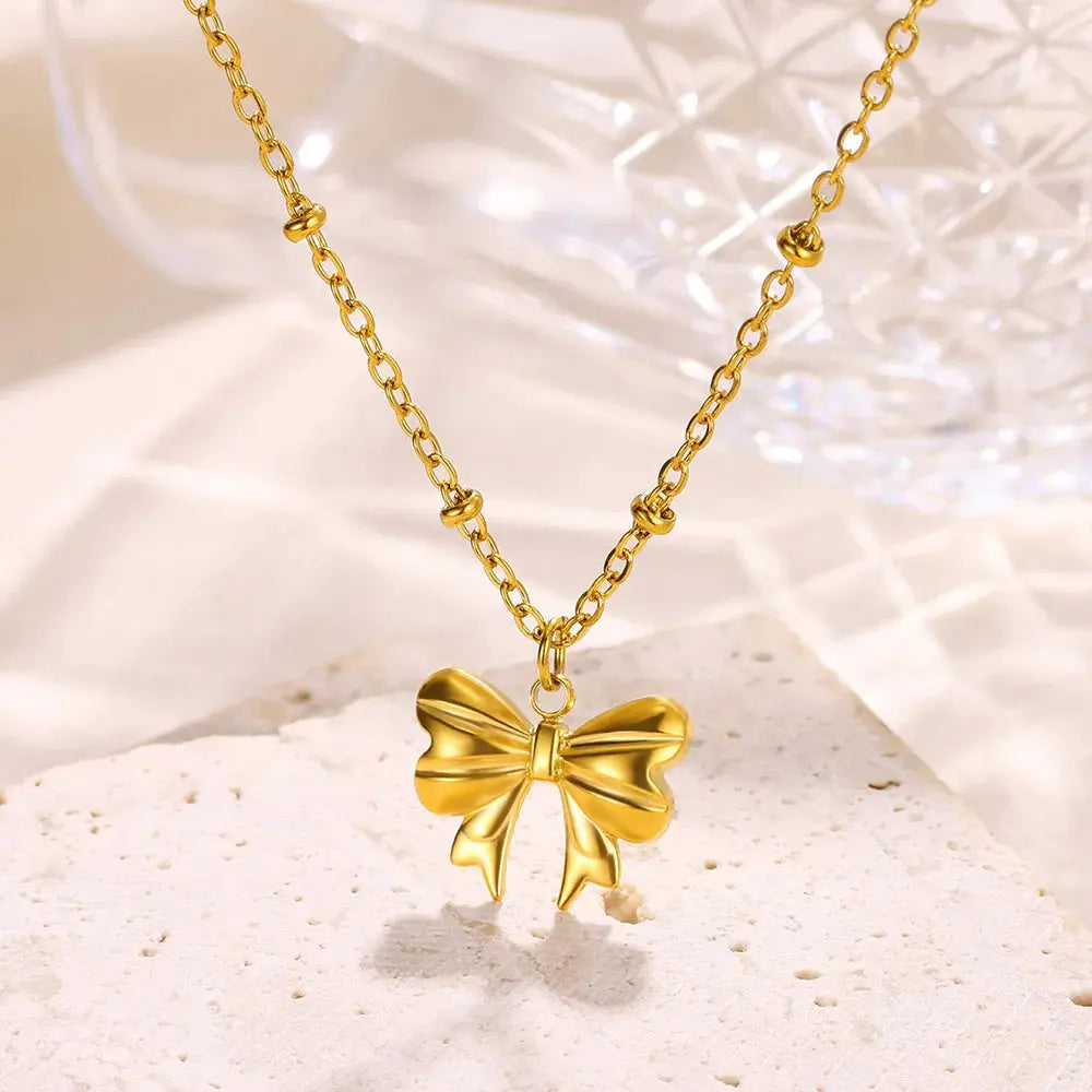 Tiny Bow Necklace For Women Gold Color Stainless Steel Charm Necklaces Ball Chain Nameplate Clavicle Choker Jewelry Cute Gifts Olyssia