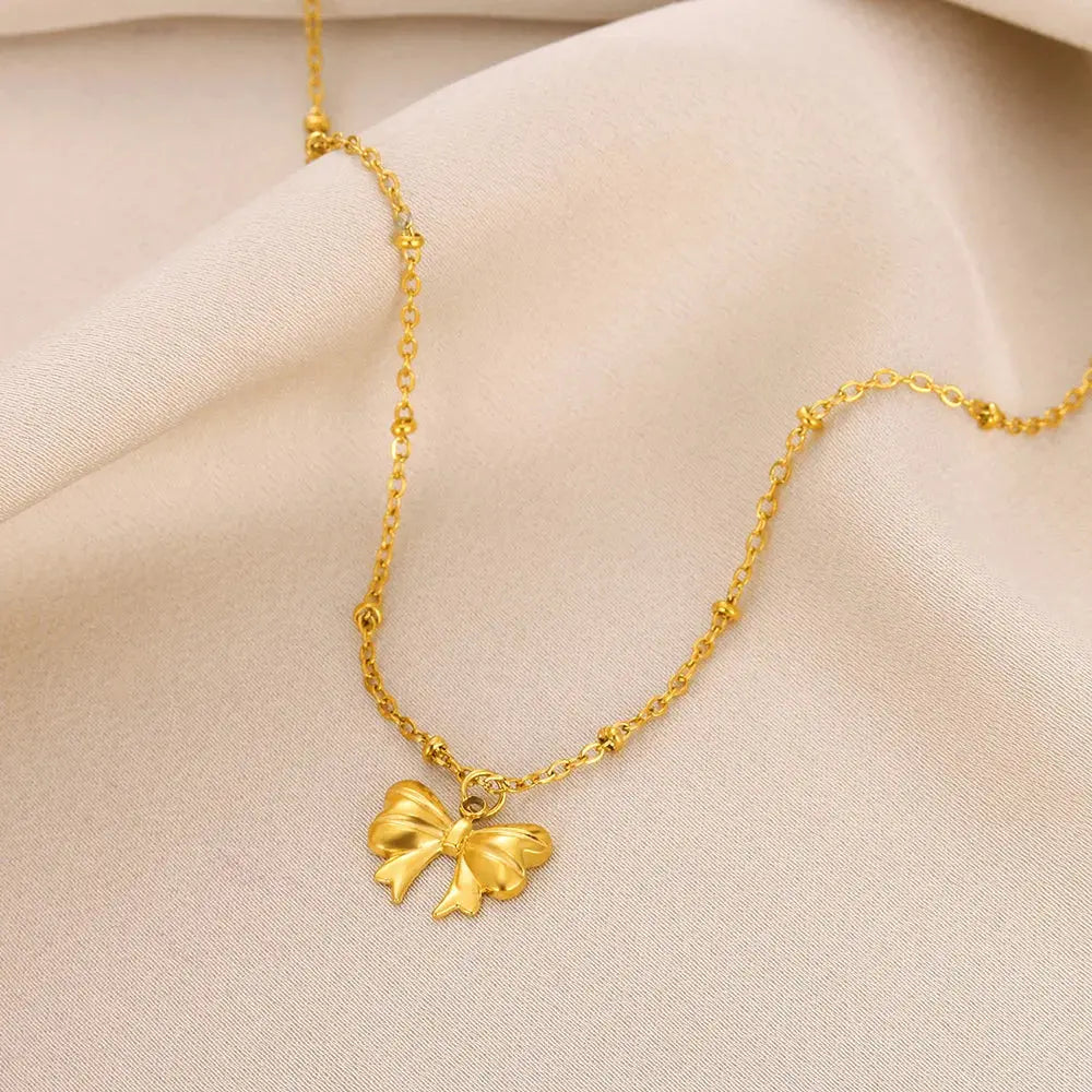 Tiny Bow Necklace For Women Gold Color Stainless Steel Charm Necklaces Ball Chain Nameplate Clavicle Choker Jewelry Cute Gifts Olyssia