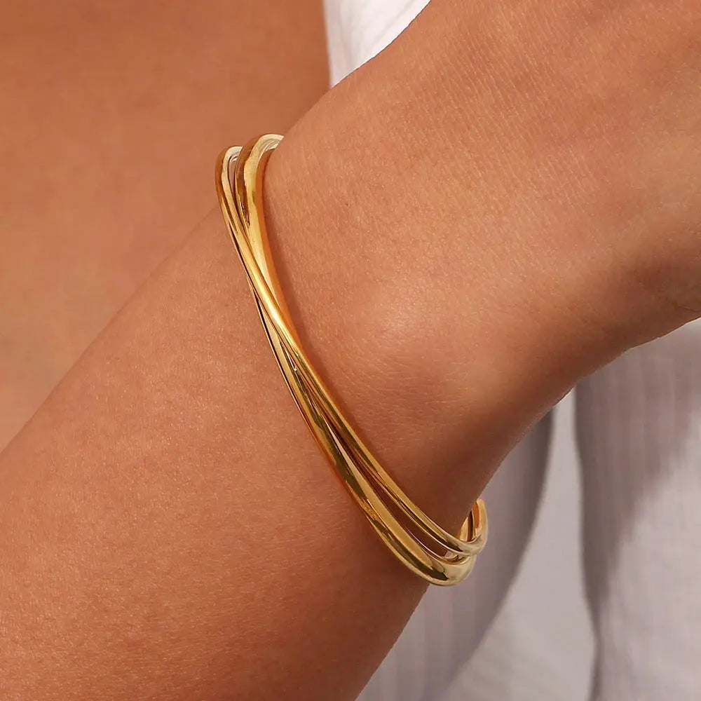 Trendy 2 Tones Cross Double Line Cuff Bangles Bracelets For Woman Stainless Steel 18K Gold Plated Arm Bangle Jewelry Olyssia