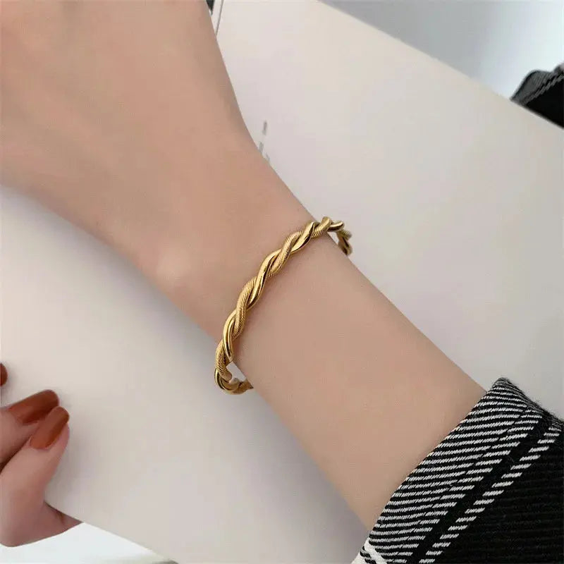 Trendy Charm Cuff Twist Bracelets Opening Bangles for Women Gold Color 316L Stainless Steel Wire Thin Simple Bangles Jewelry Olyssia