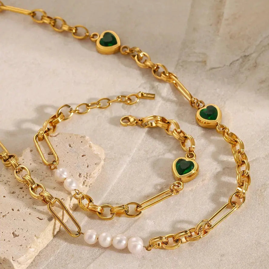 Uworld Natural Freshwater Pearls Chain Green Heart Rhinestone Necklace Stainless Steel Fashion High Quality Neck Jewelry Olyssia