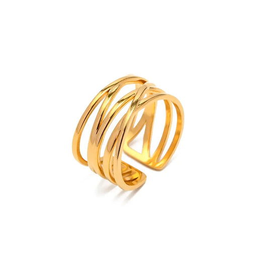 Uworld Trendy18K PVD Gold Plated Stainless Steel Mulit Layer Line Wide Hollow Opening Rings Waterproof Jewelry for Women Olyssia