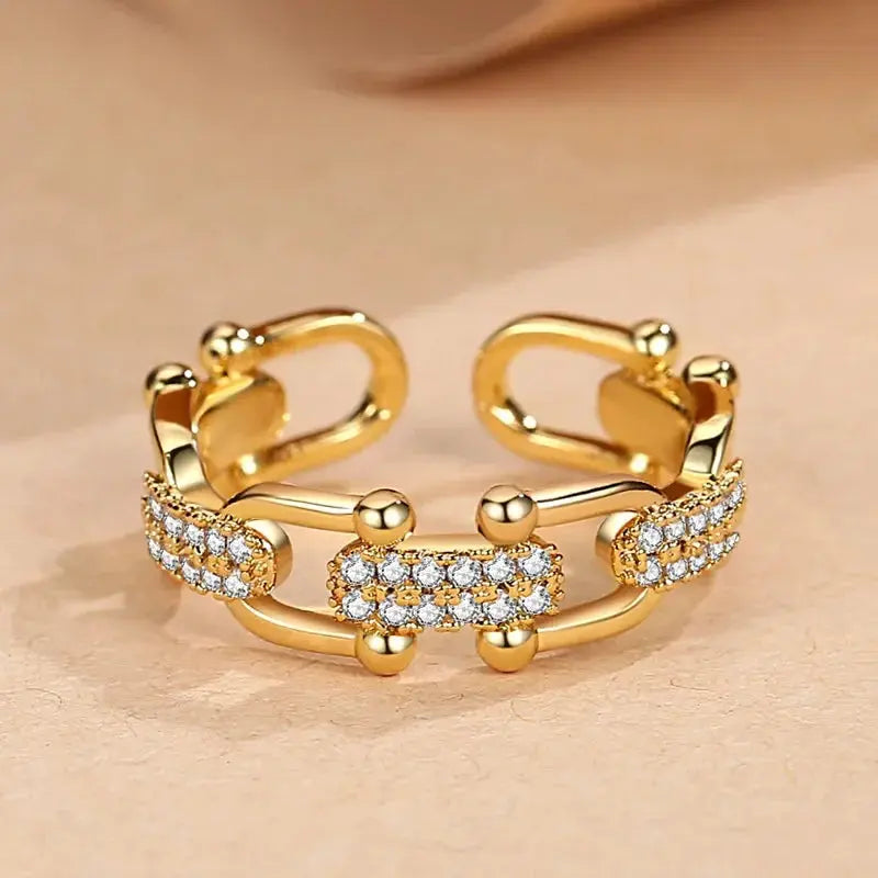 Geometric Chain-Design Open Rings For Women Shiny Micro Crystal Golden/White Finger Ring Jewelry Accessories Female Wedding Ring Olyssia