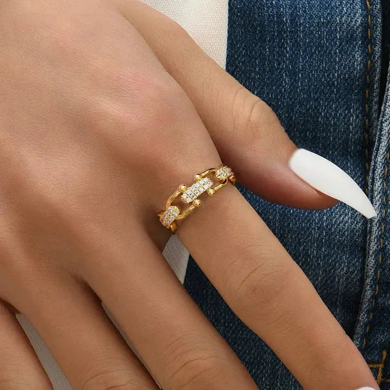 Geometric Chain-Design Open Rings For Women Shiny Micro Crystal Golden/White Finger Ring Jewelry Accessories Female Wedding Ring Olyssia