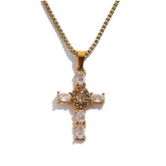 Yhpup Delicate Colorful Bling Cubic Zirconia Cross Pendant Stainless Steel Luxury Necklace High-Grade Fashion Shiny Jewelry Gift Olyssia