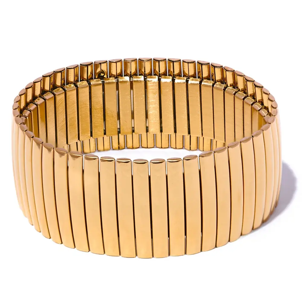 Yhpup Elastic 316L Stainless Steel Metal Wide Big Statement Bracelet Bangle Rust Proof 18K Gold Plated Hyperbole Unisex Jewelry Olyssia