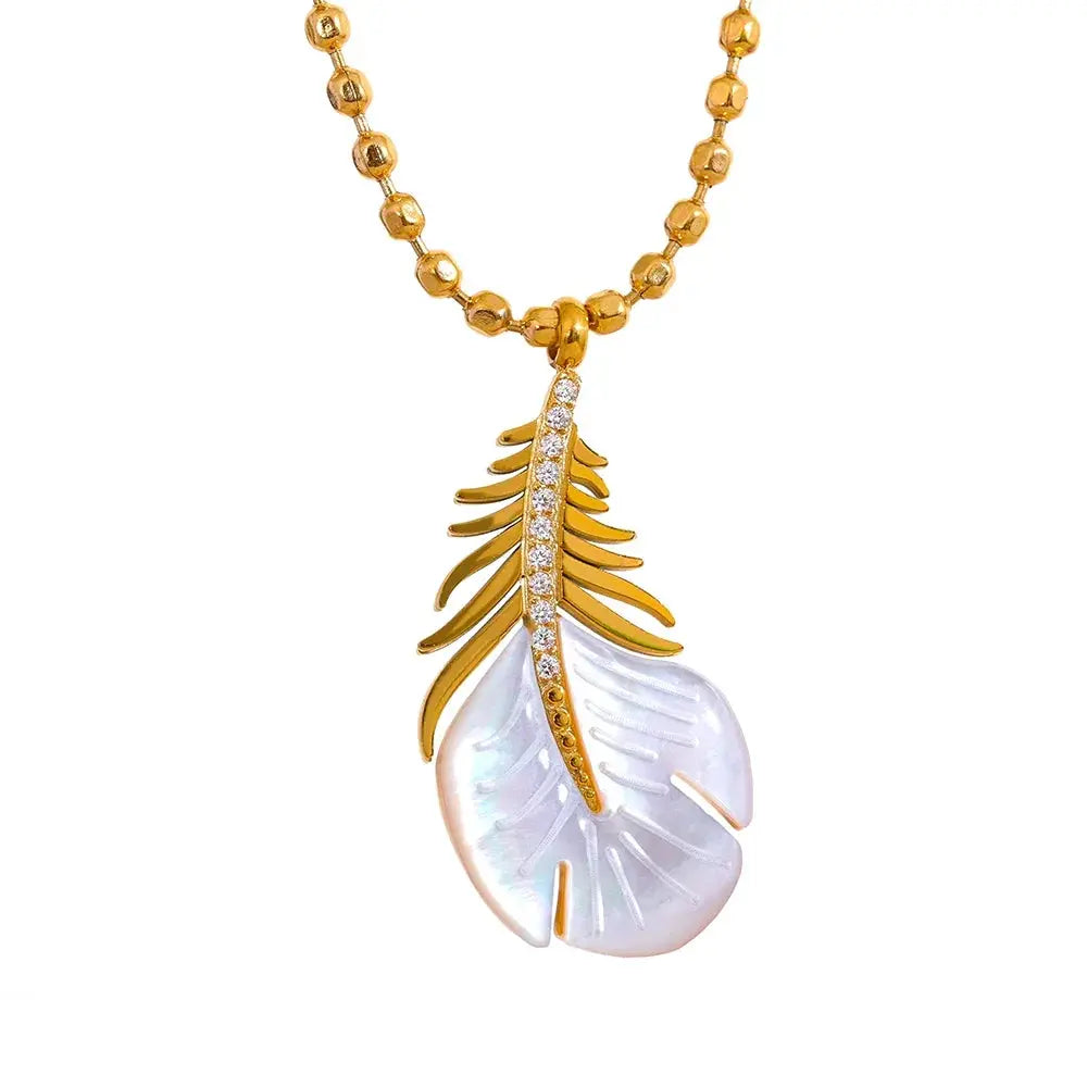 Yhpup Luxury Natural Shell Feather Pendant Stainless Steel Golden Collar Necklace Fashion Jewelry Gift 18K PVD Plated Bijoux Olyssia