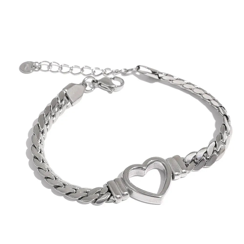 Yhpup (Wrist over 40mm fit this style) High Quality Love Heart Cuban Chain Stainless Steel Metal Bracelet Waterproof Jewelry Olyssia