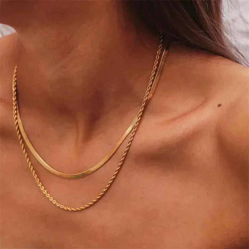 Youthway Double Layered Stainless Steel Necklace Trendy Snake Chain 18 K Metal Texture Summer Bijoux New Gift Waterproof Olyssia