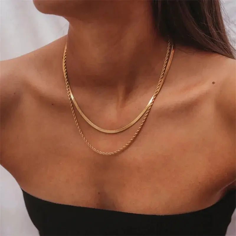 Youthway Double Layered Stainless Steel Necklace Trendy Snake Chain 18 K Metal Texture Summer Bijoux New Gift Waterproof Olyssia